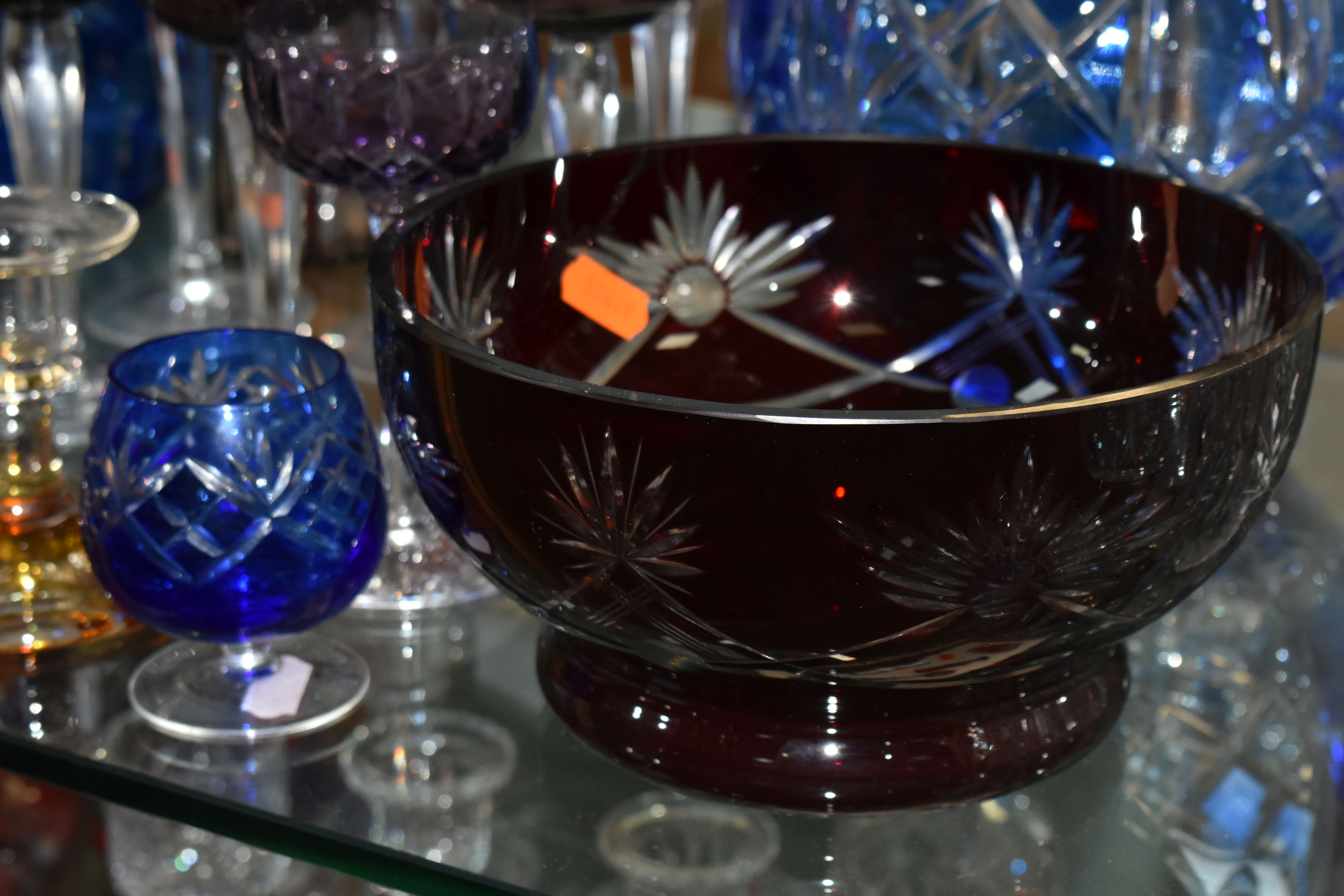 A GROUP OF COLOURED CUT CRYSTAL, to include six cranberry coloured wine glasses, decanter (damaged - Image 5 of 8