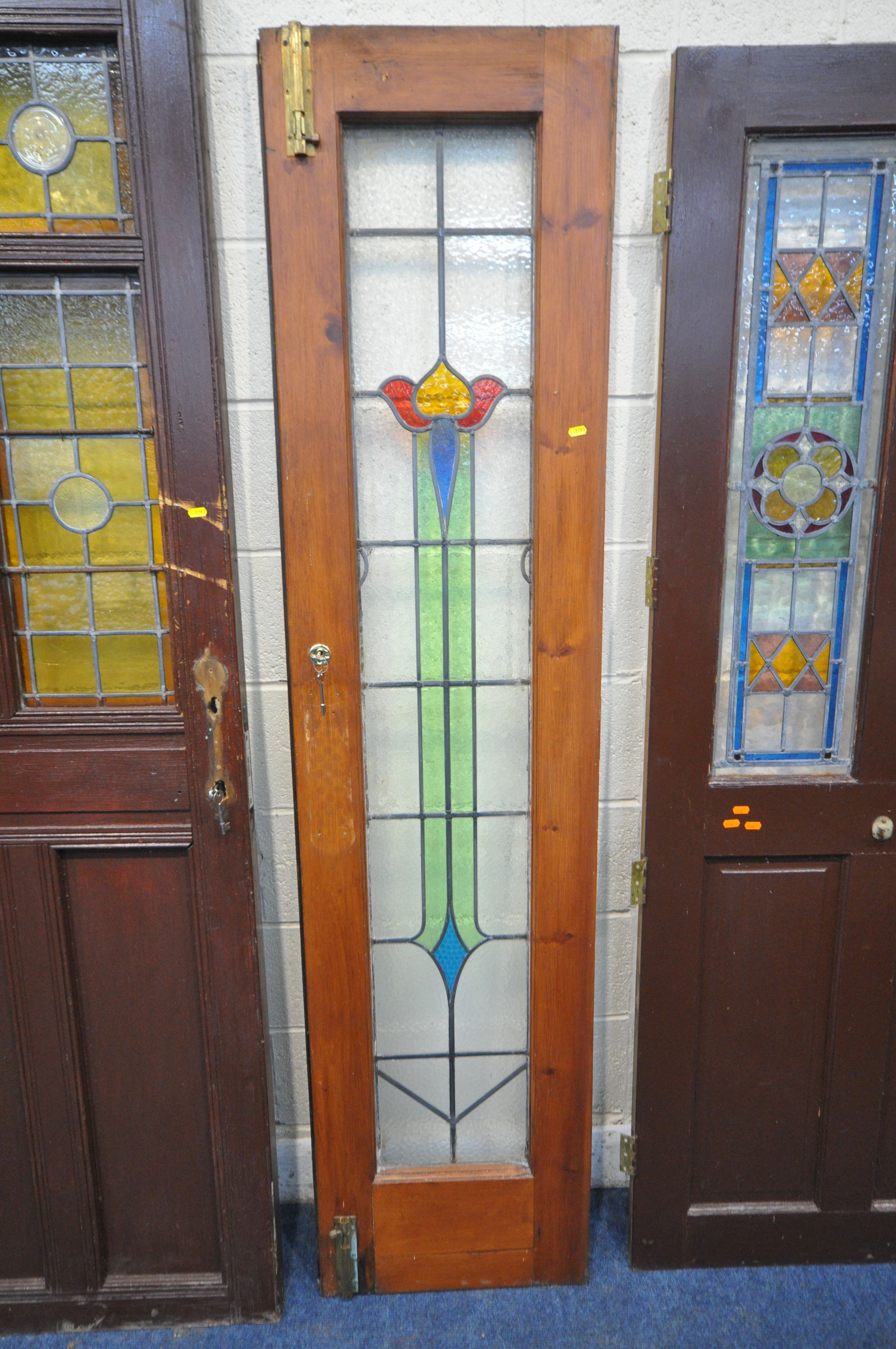 FOUR SIZED INTERNAL DOORS, each with lead glazed stain glass windows, depicting various patterns and - Image 4 of 10