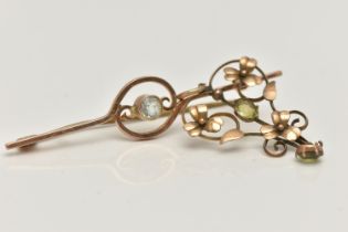 A BAR BROOCH AND LAVALIER PENDANT, a mid-century bar brooch with scrolling detail, set with a