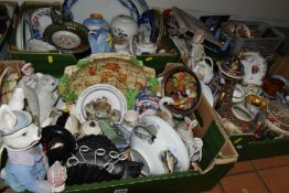 FOUR BOXES OF CERAMICS AND SUNDRY ITEMS, to include a Moorcroft Geranium trinket dish (sd), a