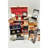 A BOX OF ASSORTED ITEMS, to include a cream jewellery box with contents of costume jewellery, such