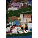 THREE BOXES OF COSMETICS, CANDLES AND ROOM SCENTS ETC, to include products by Avon, Yves Rocher,