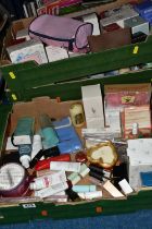 THREE BOXES OF COSMETICS, CANDLES AND ROOM SCENTS ETC, to include products by Avon, Yves Rocher,