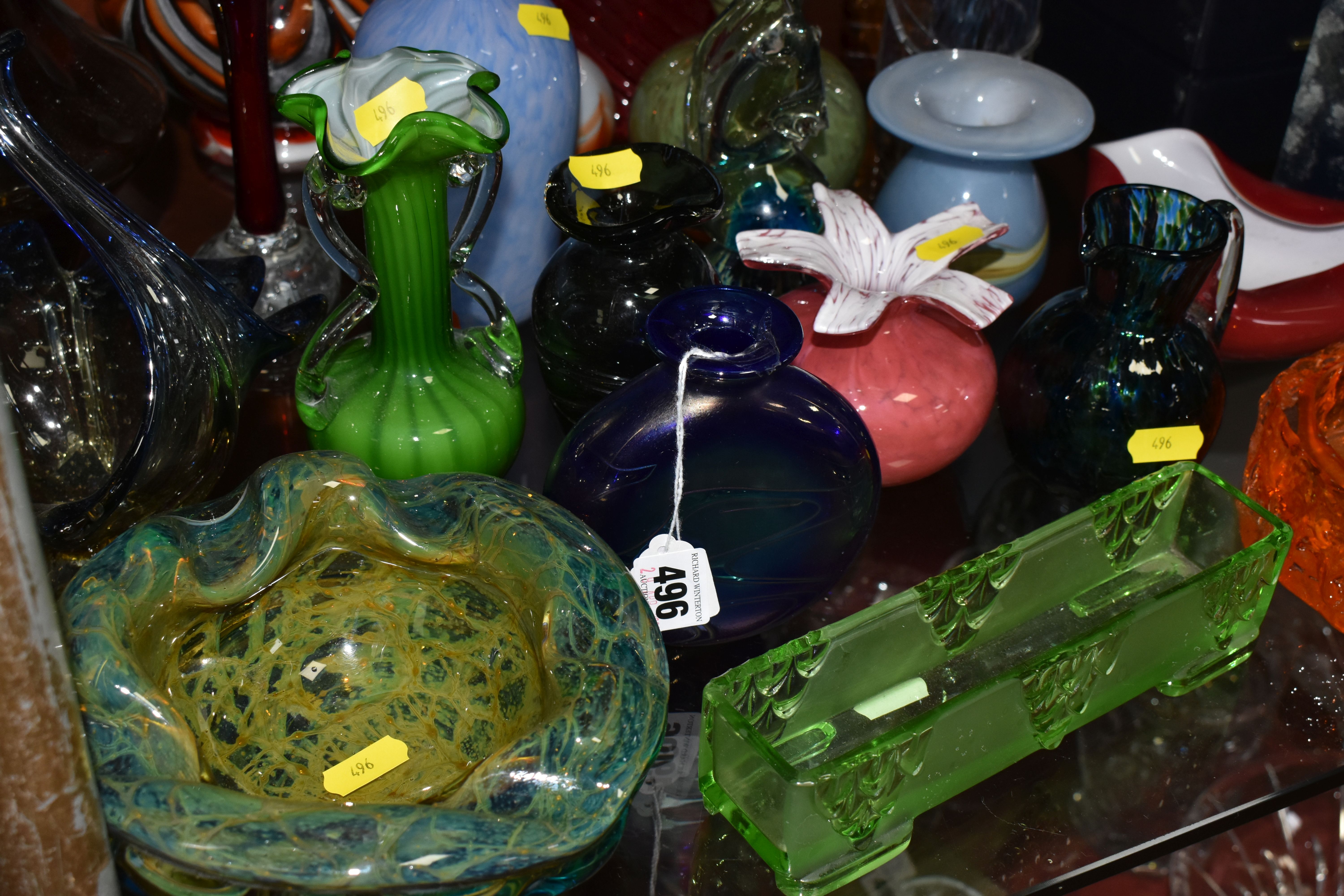 A SELECTION OF DECORATIVE COLOURED GLASSWARES, to include a Whitefriars bark bowl with a chip and - Image 6 of 6