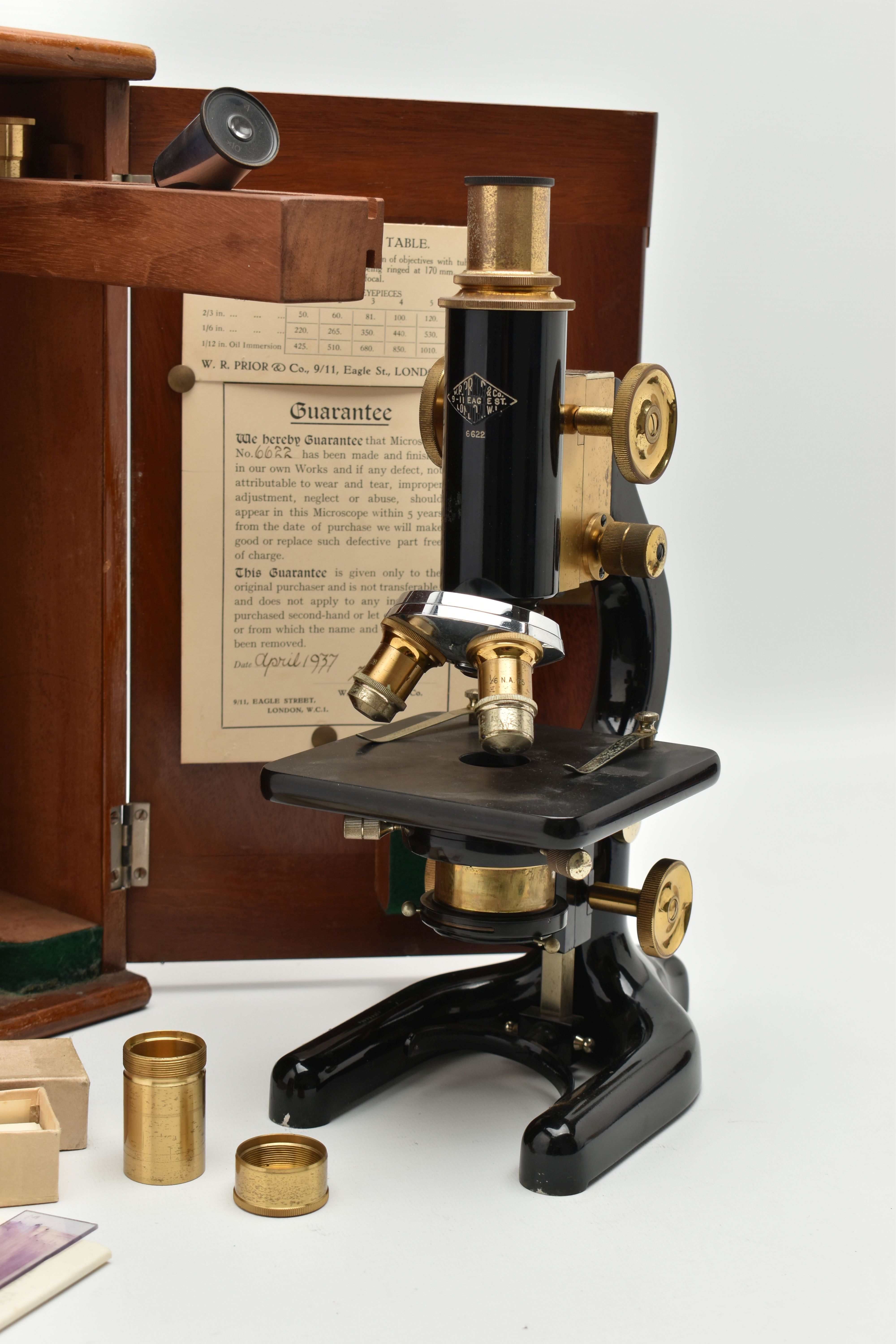 A CASED W.R. PRIOR & CO OF LONDON MONOCULAR MICROSCOPE, no.6622, the fitted case with guarantee - Image 2 of 7