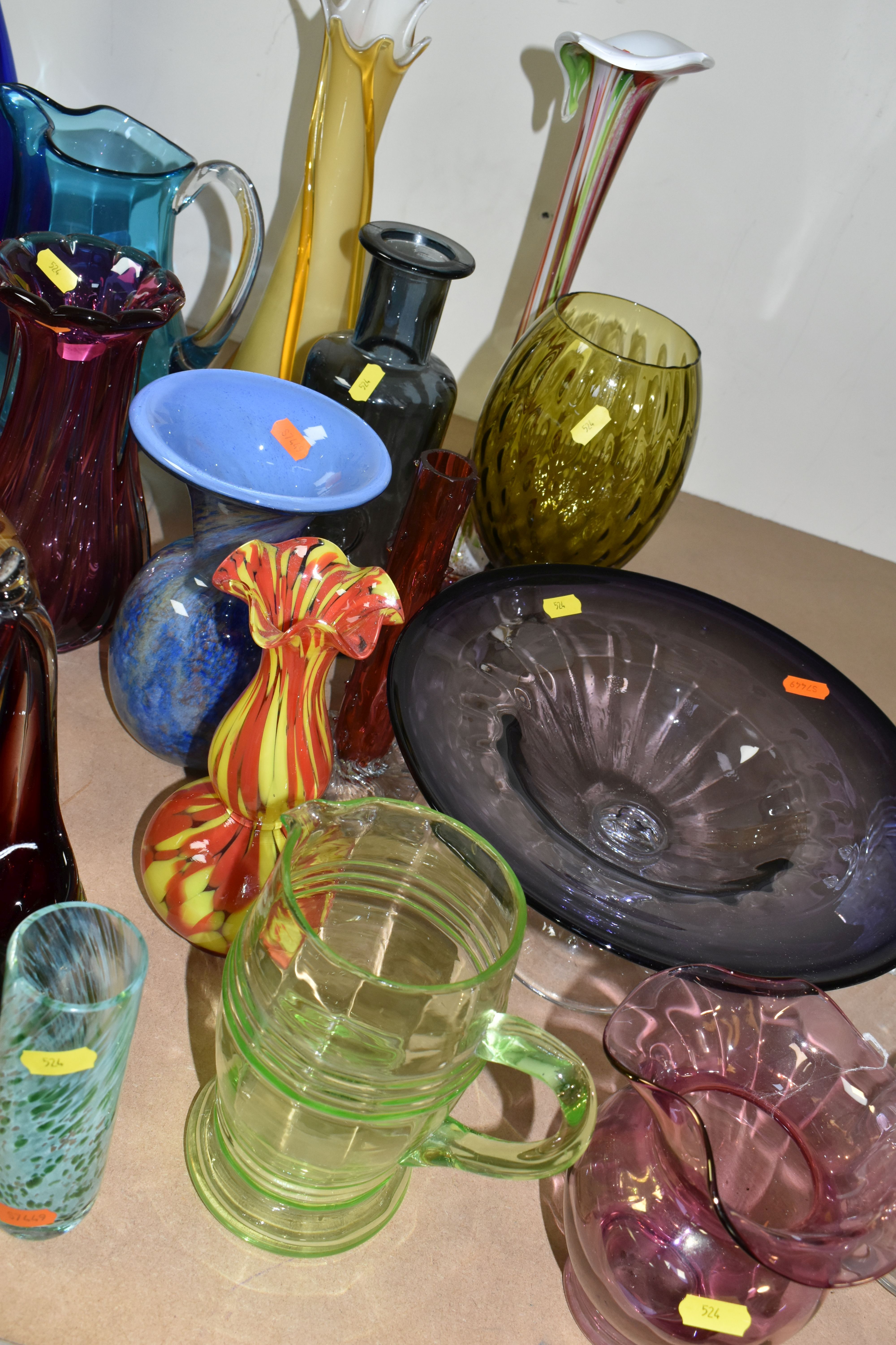 A SELECTION OF DECORATIVE COLOURED GLASSWARES ETC, to include blue and purple pedestal bowls, a tall - Image 5 of 10