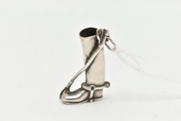 A MID 20TH CENTURY SILVER CHARM, in the form of a horse riding boot with crop, fitted with a jump