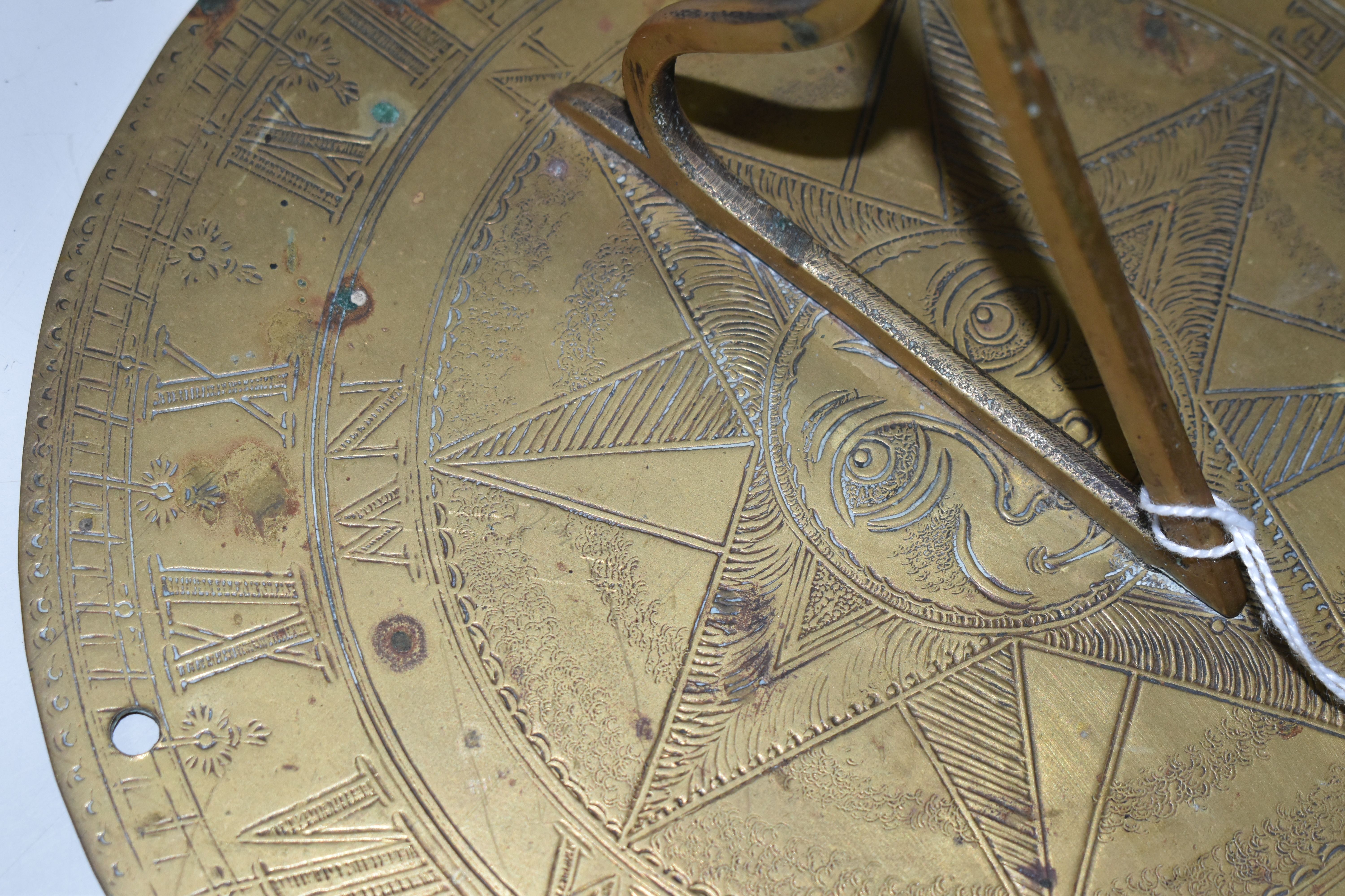 A GROUP OF METAL ITEMS, comprising a brass sundial, diameter approximately 20cm (not quite circular, - Image 9 of 10