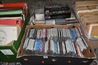 FOUR BOXES OF CDS, BOXED LPS AND 78S, the CDs include classical, country and easy listening, the LPs