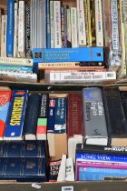 THREE BOXES OF BOOKS, over sixty books to include assorted topics, recipe books, dictionaries,