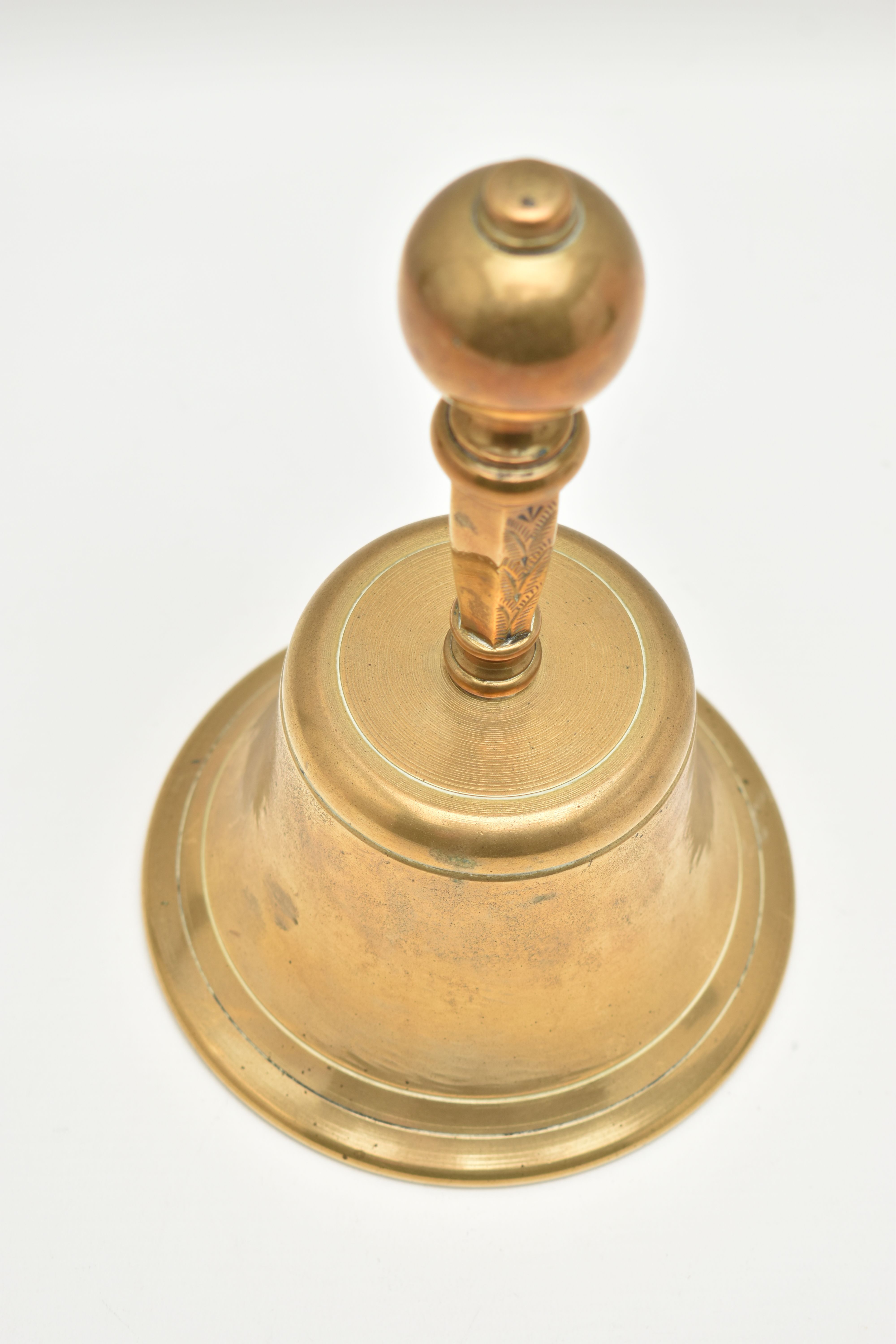 A VICTORIAN STYLE BRASS SCHOOL BELL WITH ENGRAVED BRASS HANDLE, the spherical end on a tapering - Image 2 of 3