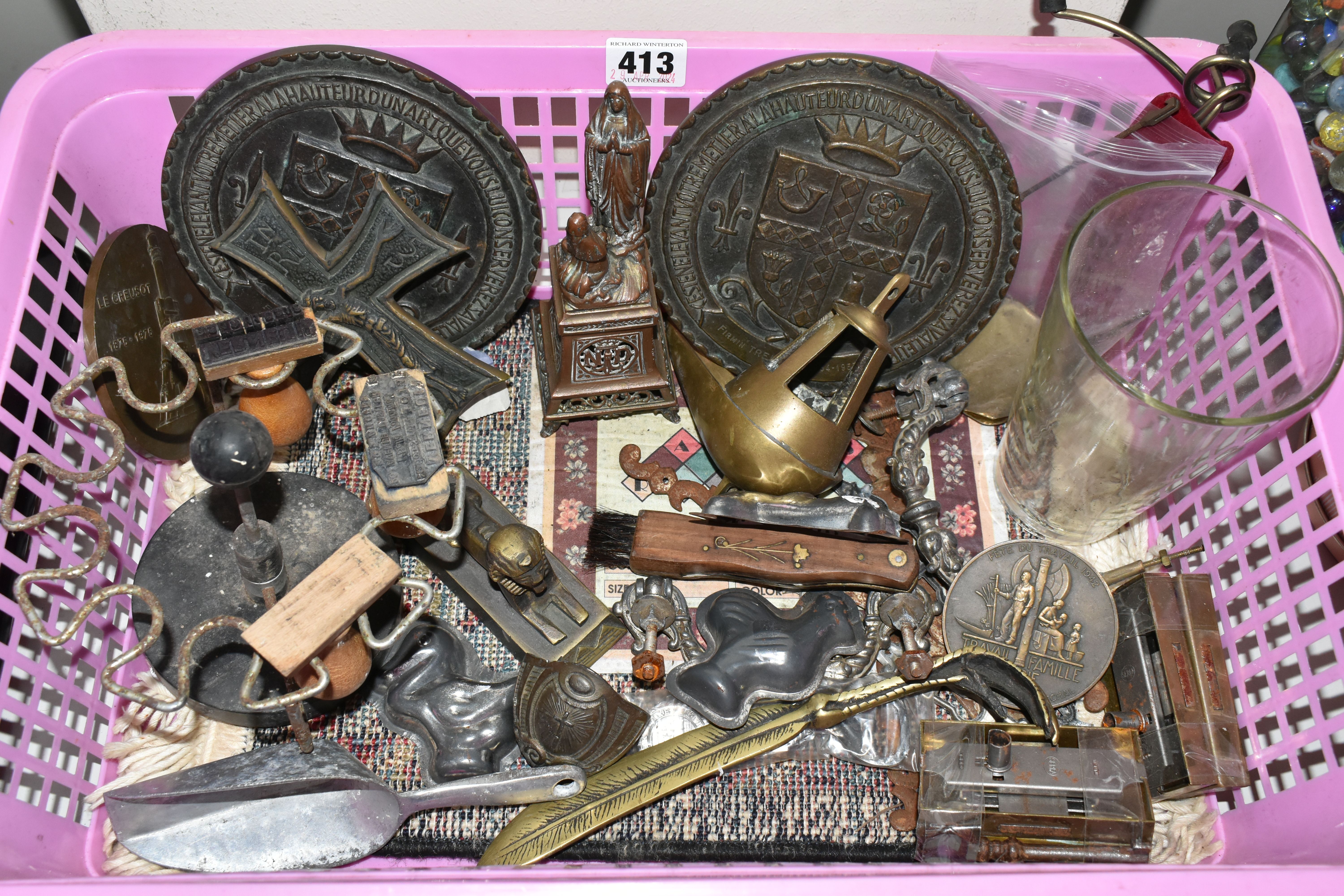 A BOX OF ASSORTED METAL WARE AND SUNDRY ITEMS, to include a bronze crucifix signed 'M. Le