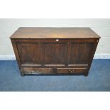 A GEORGIAN OAK MULE CHEST, with a hinged lid and two drawers, width 142cm x depth 52cm x height 89cm