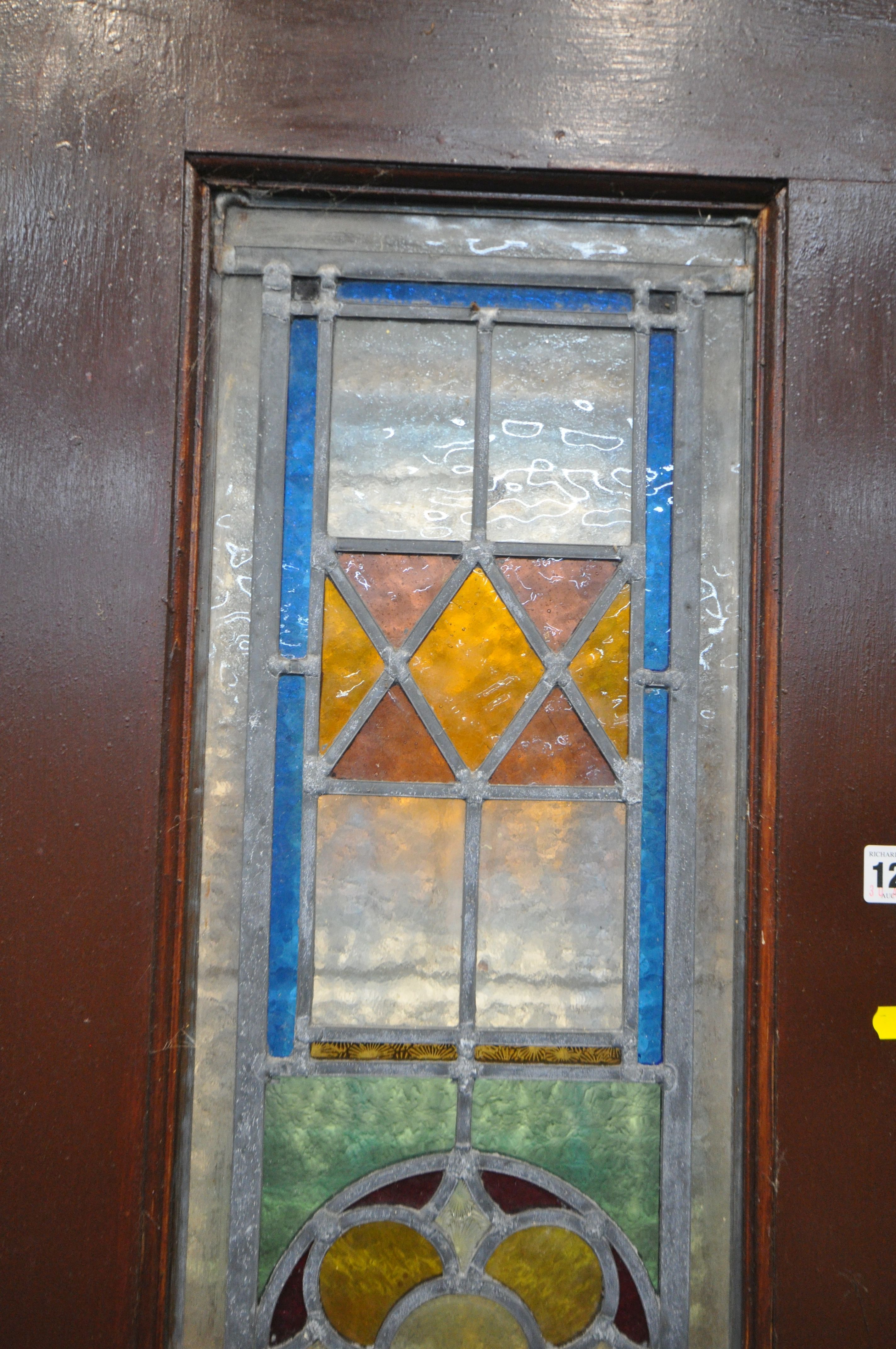 FOUR SIZED INTERNAL DOORS, each with lead glazed stain glass windows, depicting various patterns and - Image 6 of 10
