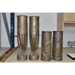 TWO PAIRS OF TRENCH ART VASES, one pair have been twisted at the base and decorated with a rose