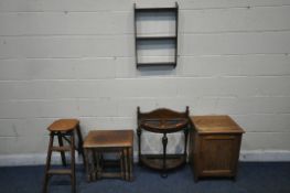 A SELECTION OF 20TH CENTURY OAK OCCASIONAL FURNITURE, to include a single door cabinet, width 46cm x