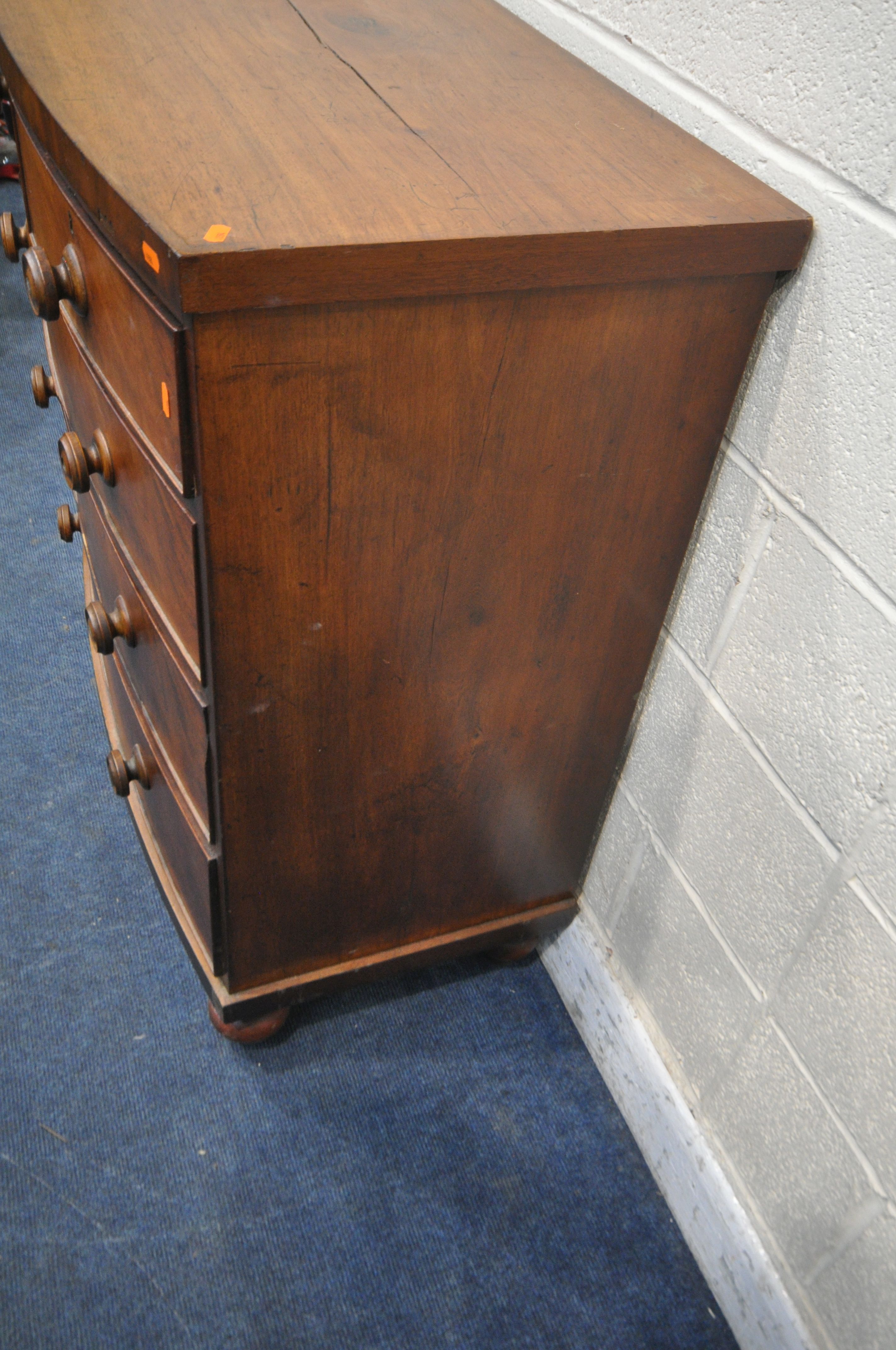 A 19TH CENTURY MAHOGANY BOW FRONT CHEST OF TWO SHORT OVER THREE LONG DRAWERS, raised on turned feet, - Image 4 of 5