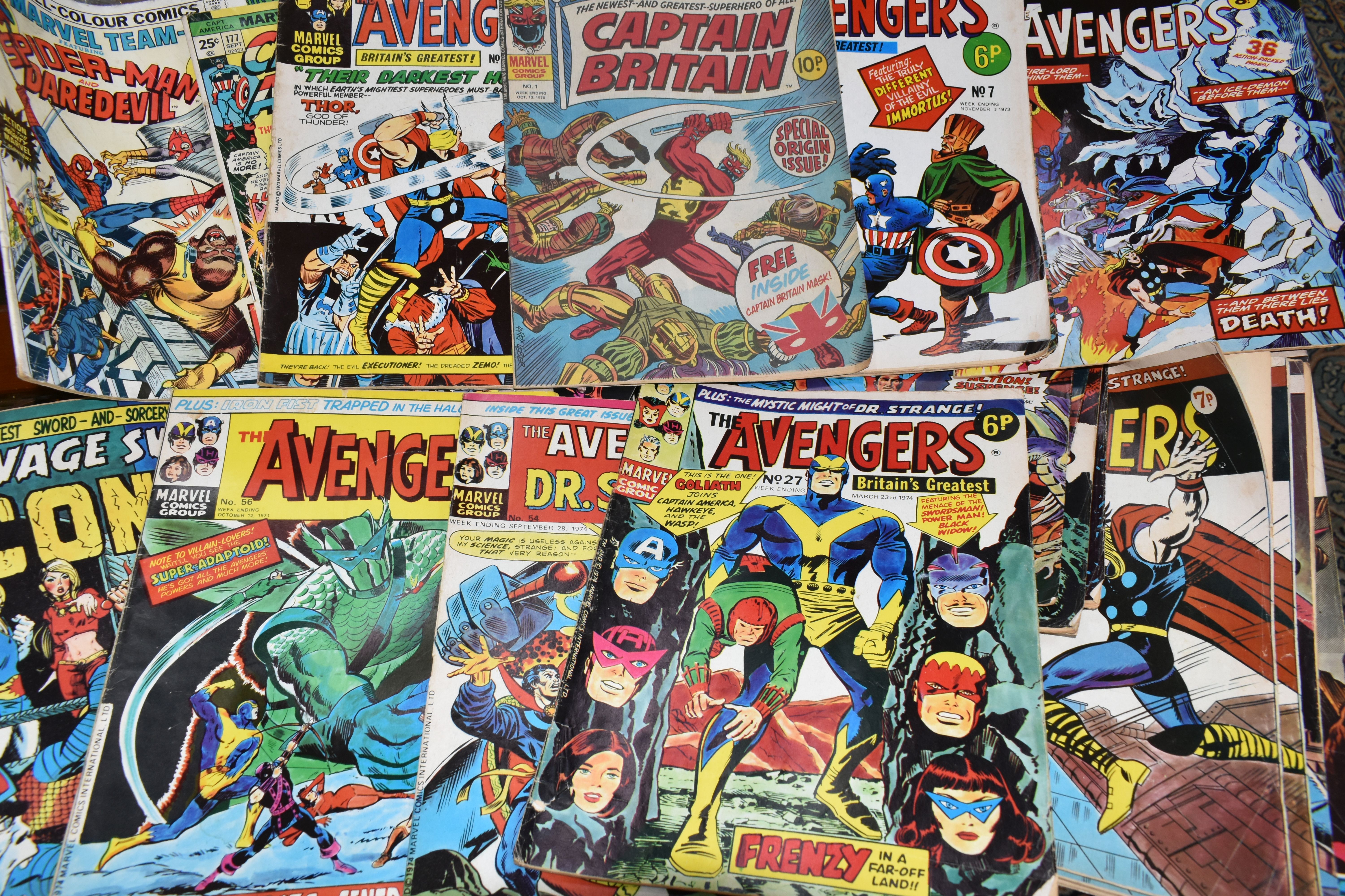 BOX OF MOSTLY MARVEL UK COMICS INCLUDING CAPTAIN BRITAIN NUMBER 1, also includes comics from