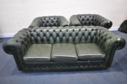THOMAS LLOYD, A GREEN LEATHER CHESTERFIELD THREE PIECE SUITE, comprising a three seater sofa, length