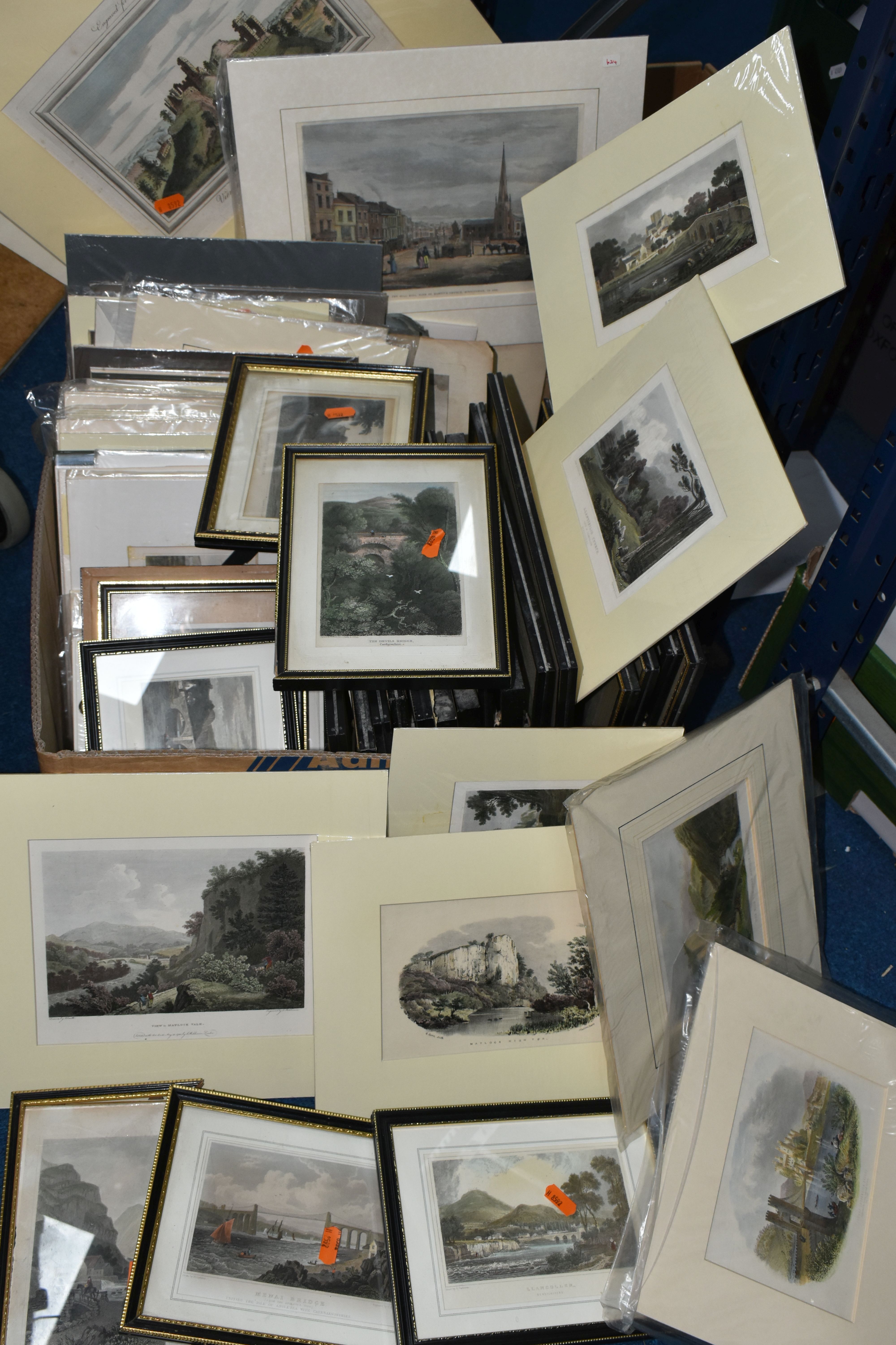 A BOX OF MOSTLY 19TH CENTURY TOPOGRAPHICAL PRINTS, to include framed examples, mounted examples