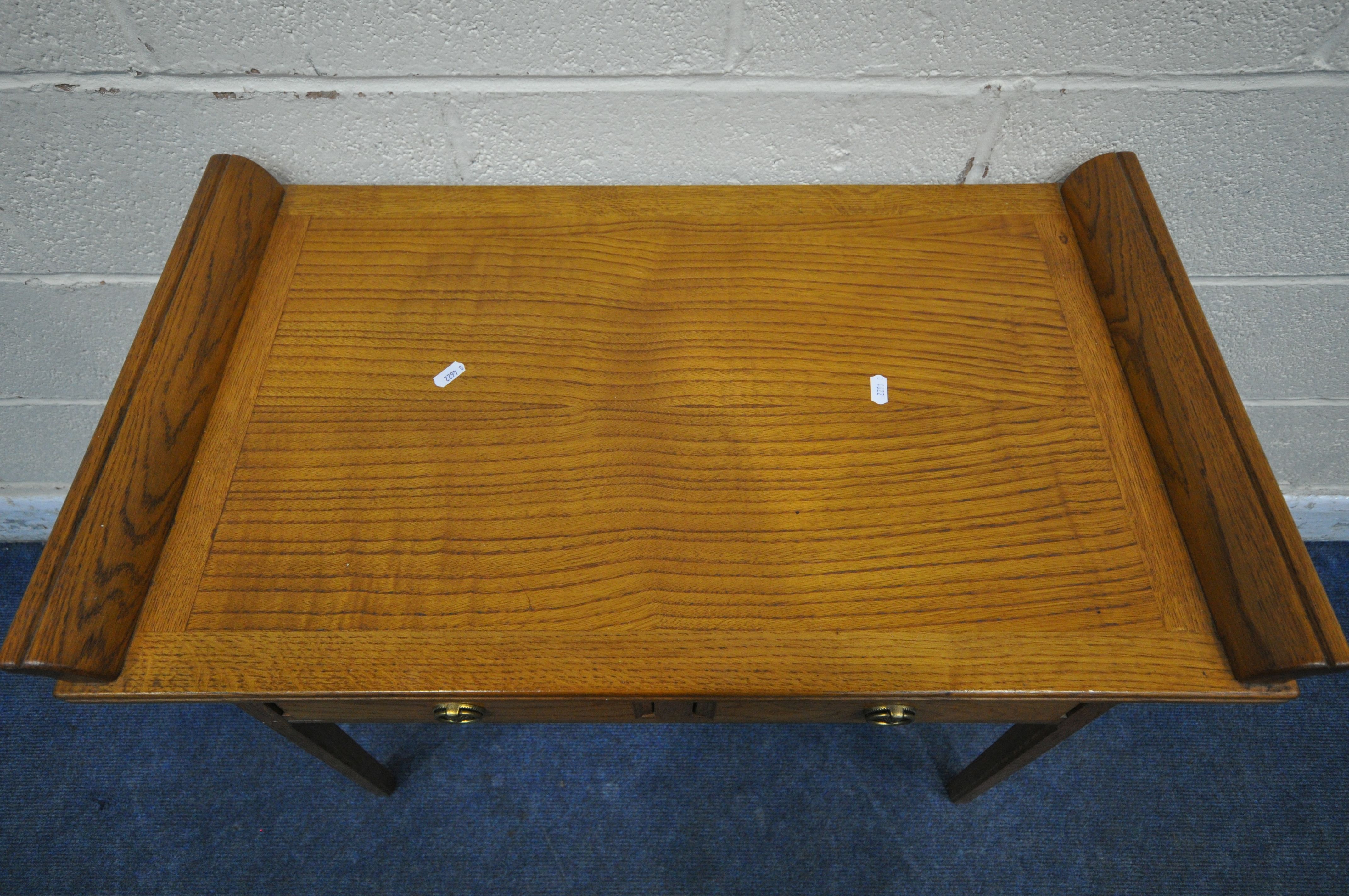 AN OAK SIDE TABLE, with twin handles, two frieze drawers, on splayed legs, width 78cm x depth 44cm x - Image 2 of 4