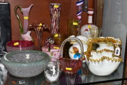 A SELECTION OF DECORATIVE COLOURED GLASSWARES, to include a pair of white Uranium glass vases with
