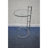 POSSIBLY EILEEN GRAY, A MID CENTURY TUBULAR CHROME TELESCOPIC SIDE TABLE, with various height