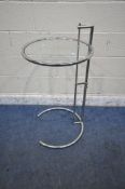 POSSIBLY EILEEN GRAY, A MID CENTURY TUBULAR CHROME TELESCOPIC SIDE TABLE, with various height