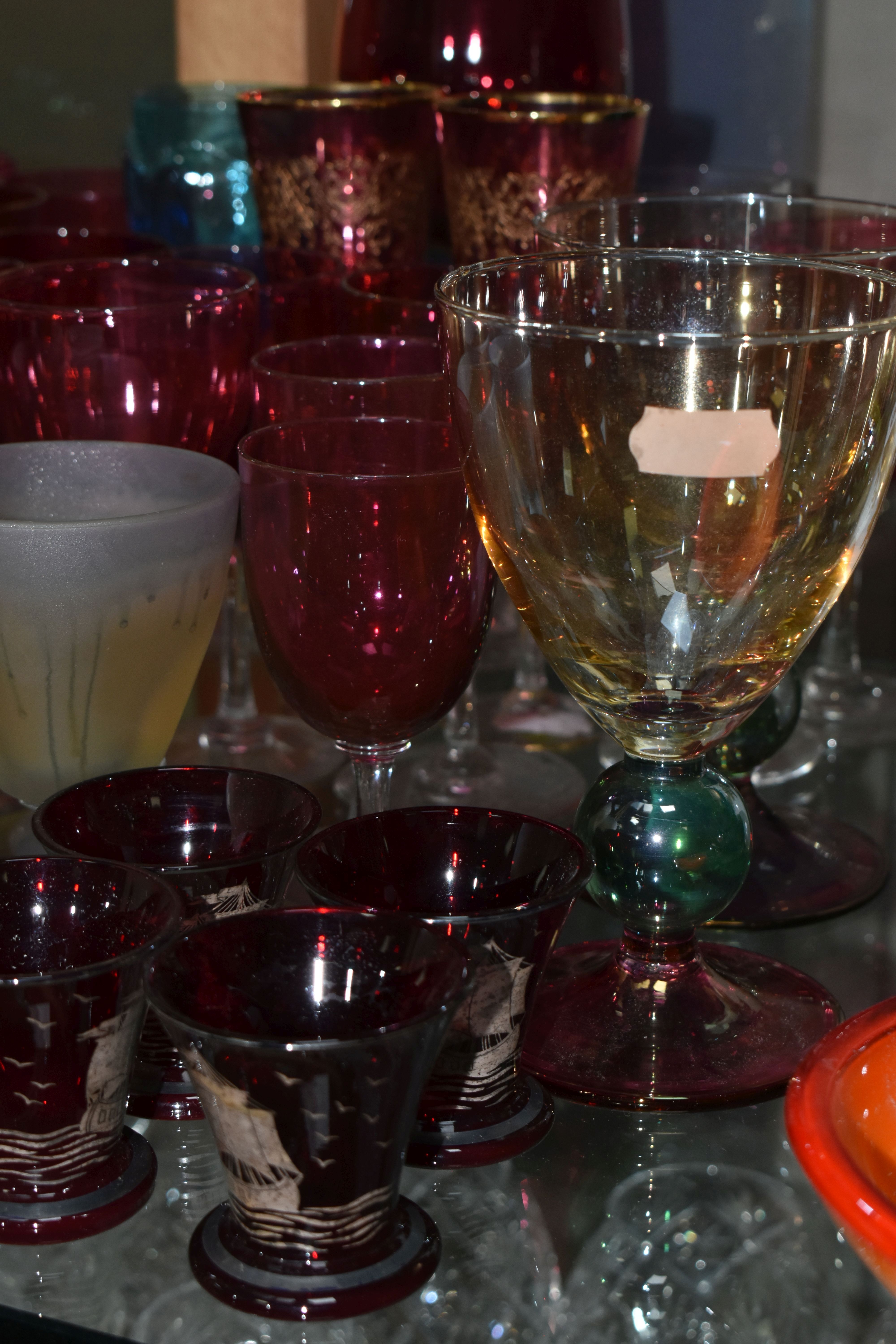 A COLLECTION OF COLOURED DRINKING GLASSES, to include a single ruby etched glass with rough pontil - Image 7 of 9