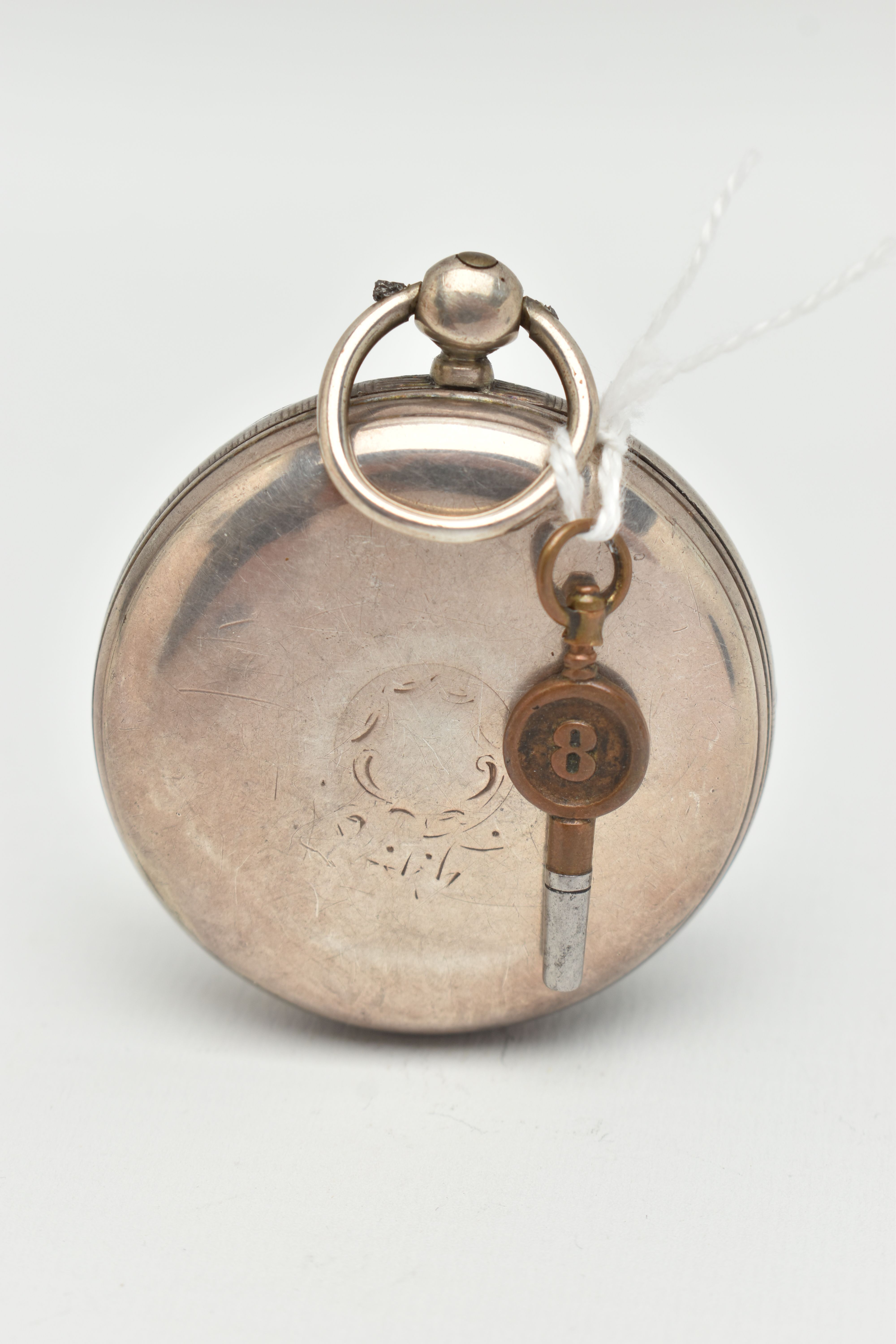 A SILVER MID VICTORIAN OPEN FACE POCKET WATCH, key wound movement, round dial, Roman numerals, - Image 2 of 5