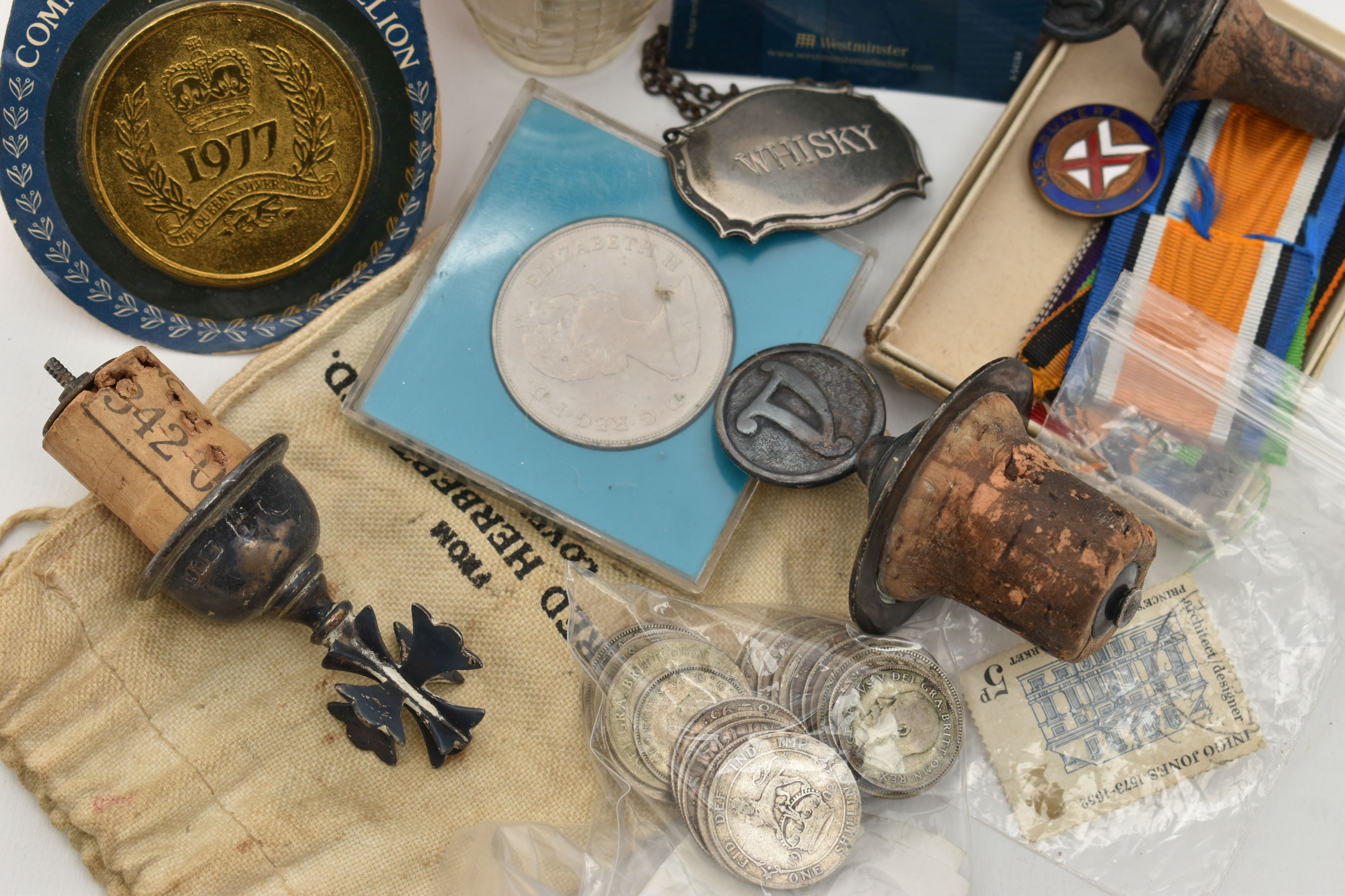 A BOX OF ASSORTED ITEMS, to include four bottle stoppers with silver fittings, all hallmarked, a - Image 2 of 3