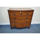 A GEORGIAN MAHOGANY BOW FRONT CHEST OF TWO SHORT OVER THREE LONG DRAWERS, width 105cm x depth 55cm x