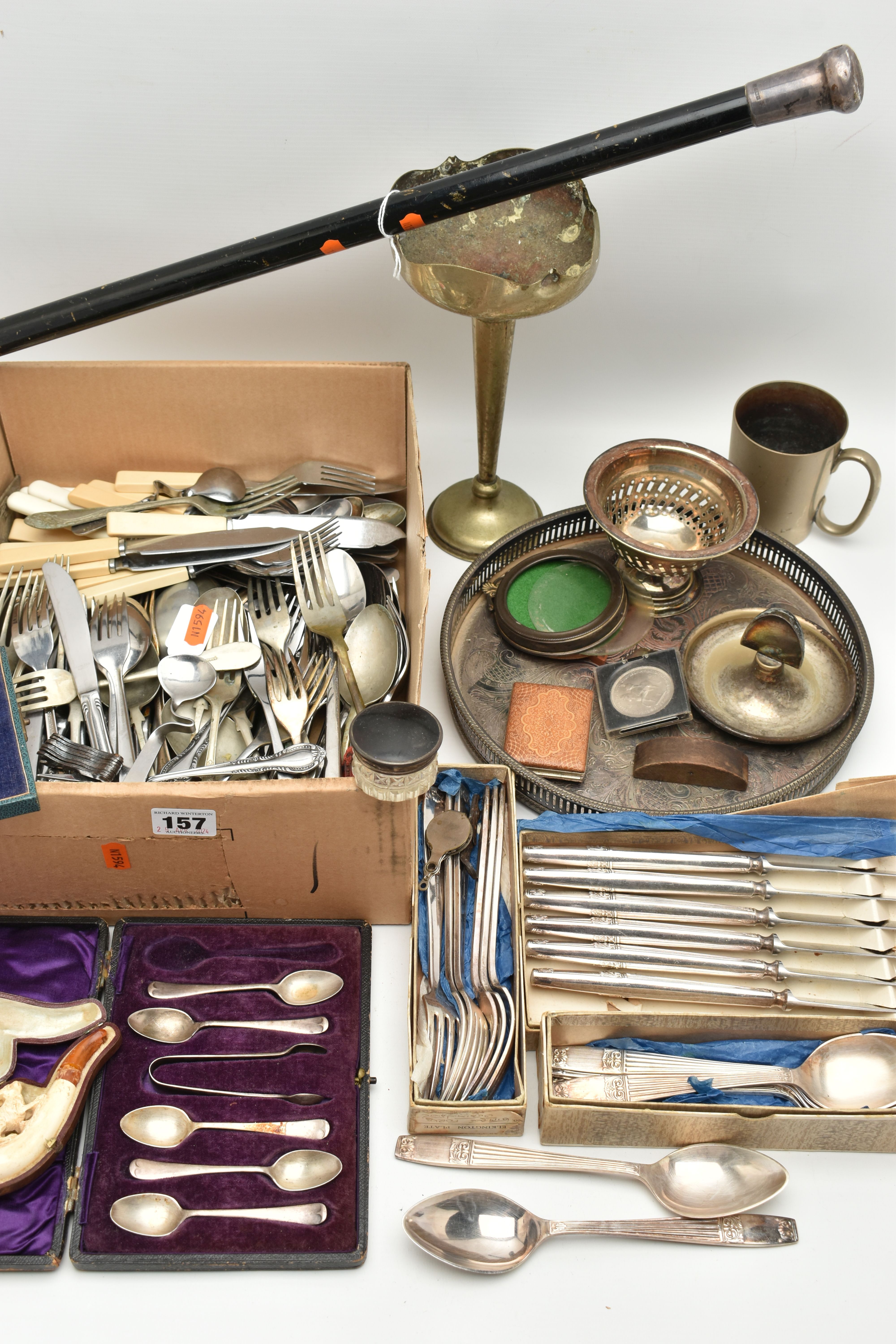 A BOX OF ASSORTED ITEMS, to include an AF meerschaum pipe and case, a silver pommel walking stick,