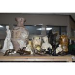 A QUANTITY OF BRONZED RESIN AND PLASTER FIGURES, QUARTZ WALL AND MANTEL CLOCKS, GLASS VASES, ETC,