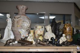 A QUANTITY OF BRONZED RESIN AND PLASTER FIGURES, QUARTZ WALL AND MANTEL CLOCKS, GLASS VASES, ETC,