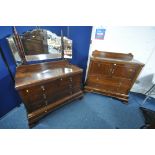 AN EARLY TO MID 20TH CENTURY MAHOGANY BEDROOM SUITE, comprising a tallboy, with double cupboard