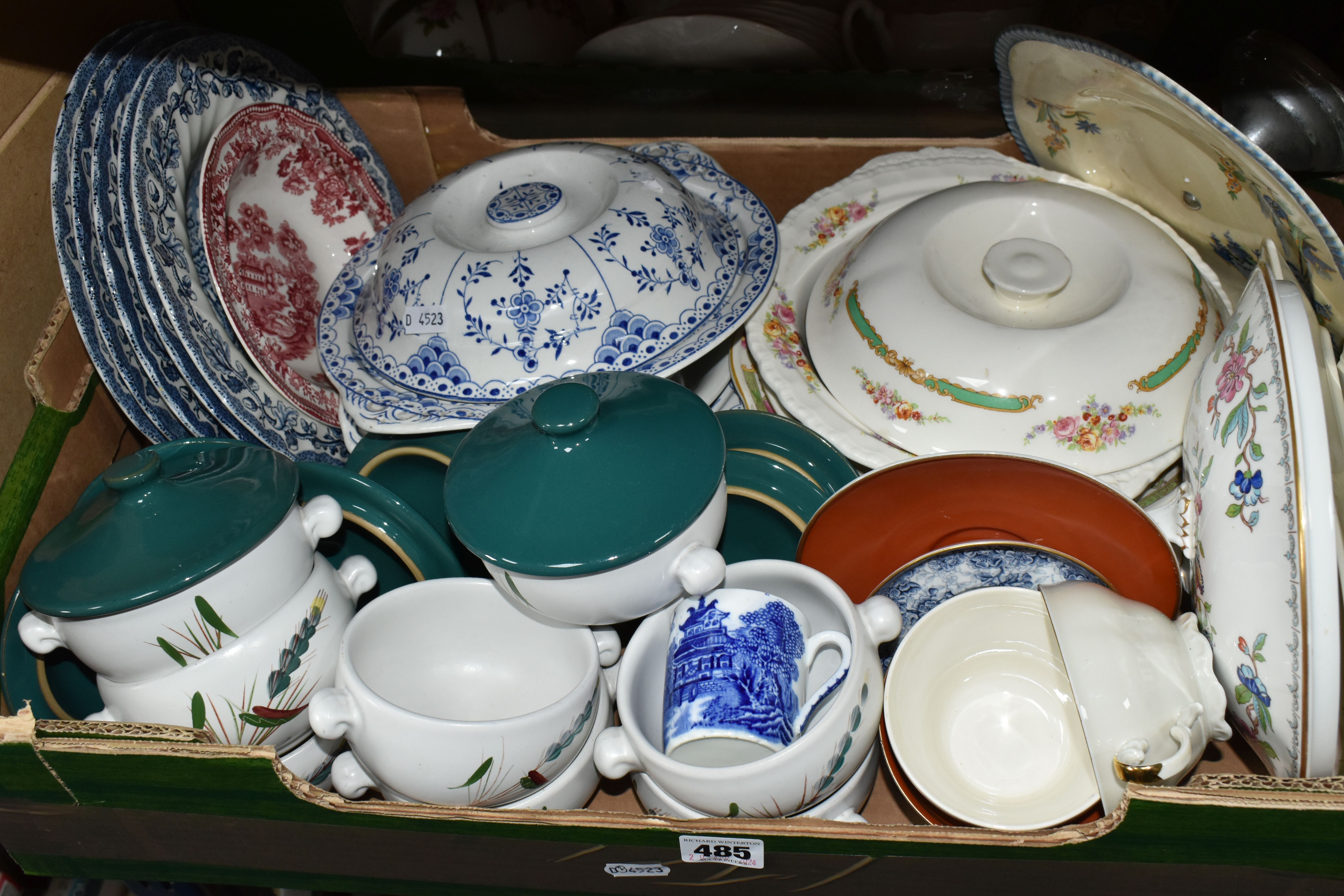 FOUR BOXES OF TEA WARE, to include a Royal Stafford Imari pattern tea set, a blue and white 'Willow' - Image 2 of 6