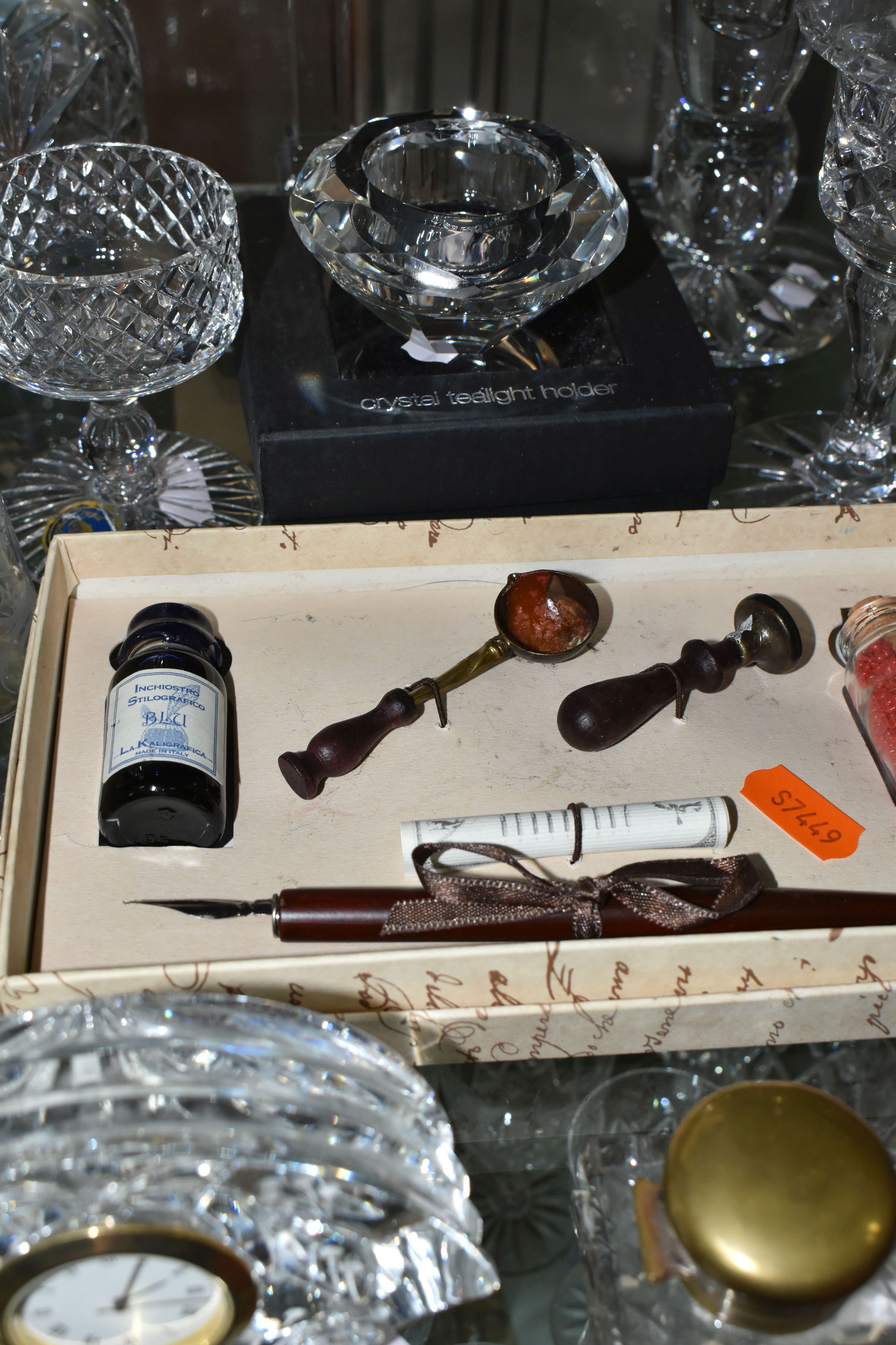 A GROUP OF CUT GLASS CLOCKS, CANDLE HOLDERS, INKSTAND AND BOXED INK SET, a Georgian novelty pipe, - Image 5 of 12