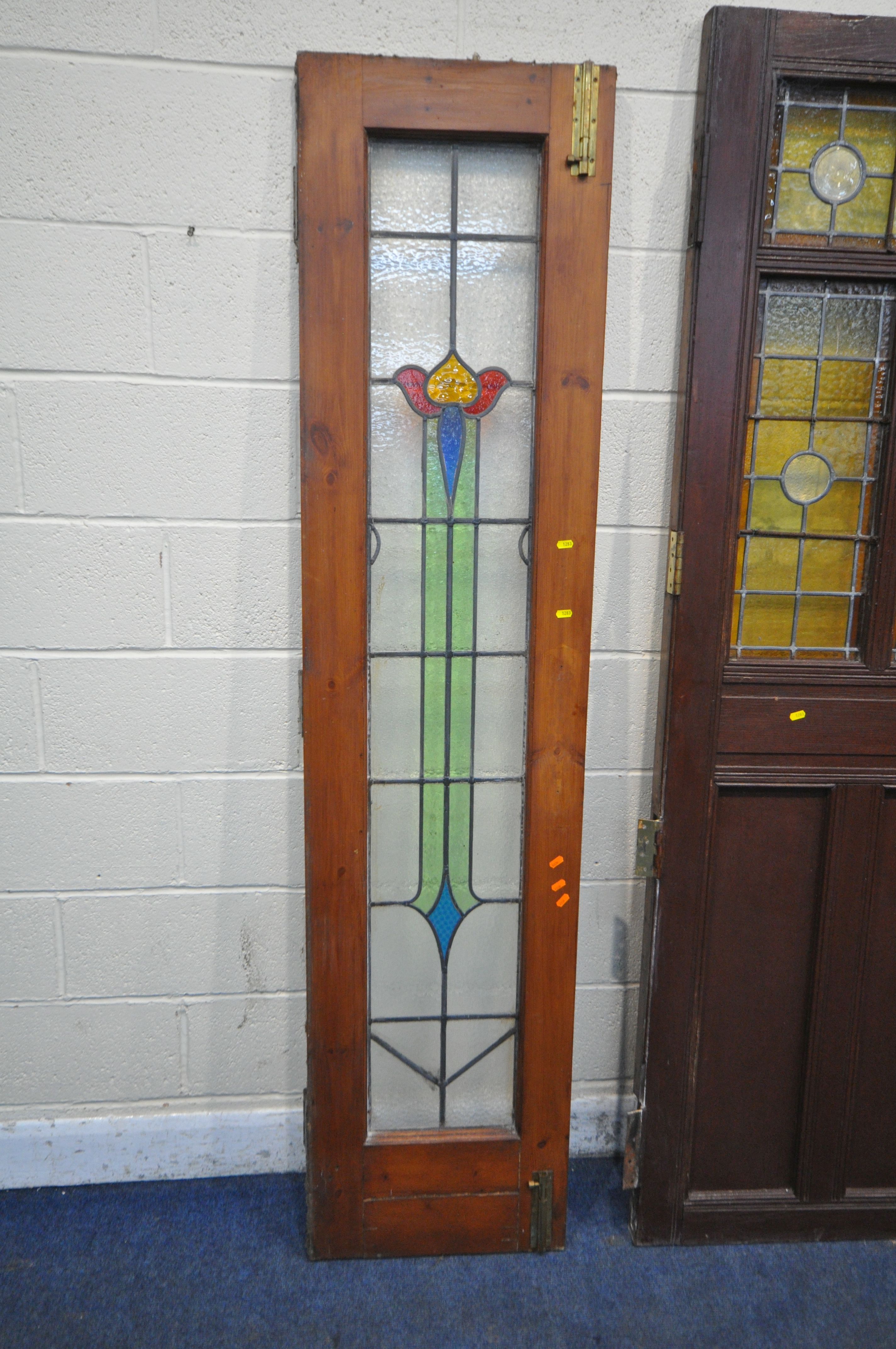 FOUR SIZED INTERNAL DOORS, each with lead glazed stain glass windows, depicting various patterns and - Image 3 of 10