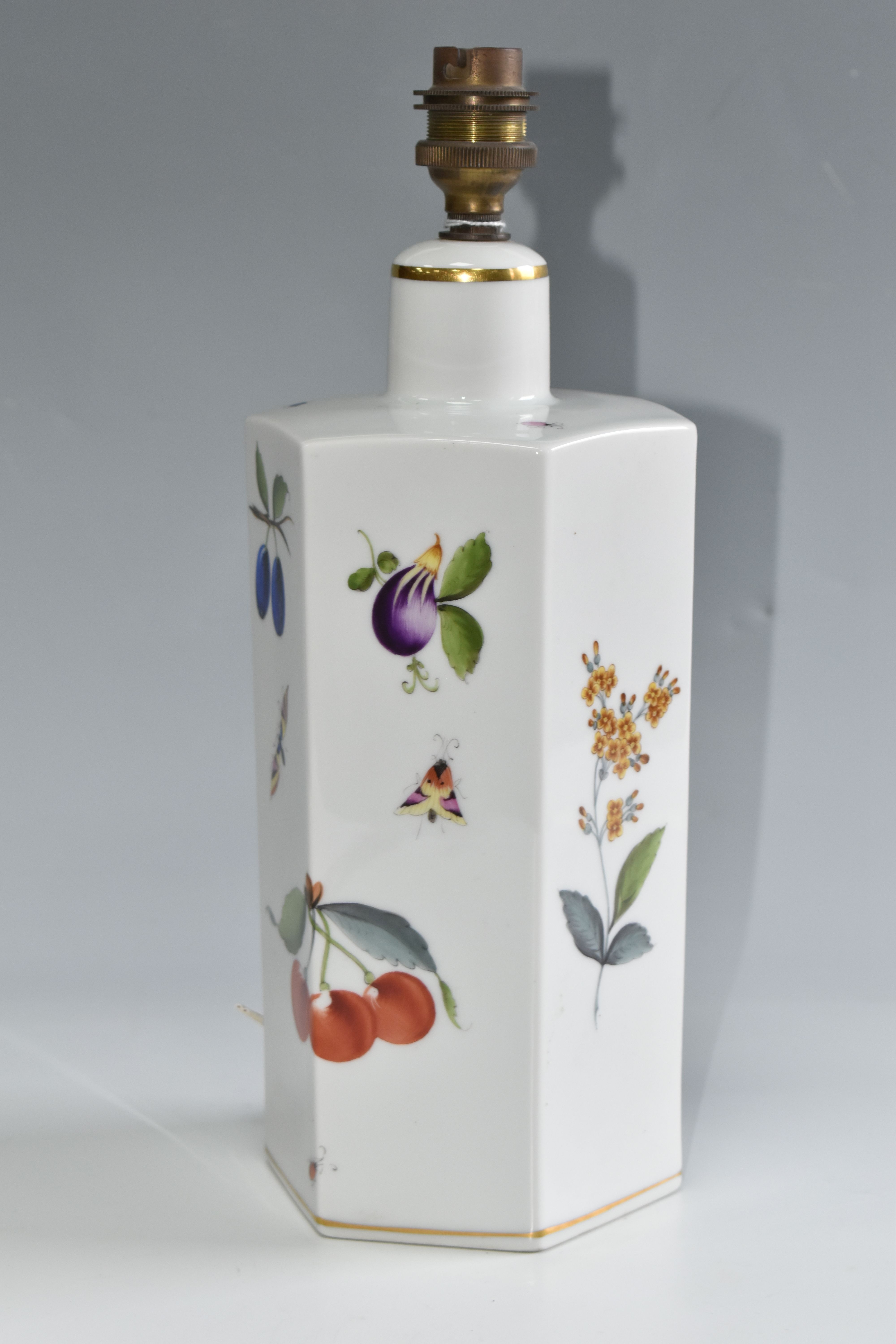 A HEREND TABLE LAMP BASE, of hexagonal form, painted with flowers, fruit and insects, the vendor - Image 3 of 7
