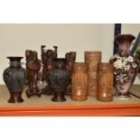 A GROUP OF ORIENTAL VASES AND ORNAMENTS, comprising three carved bamboo brush pots/vases, a pair
