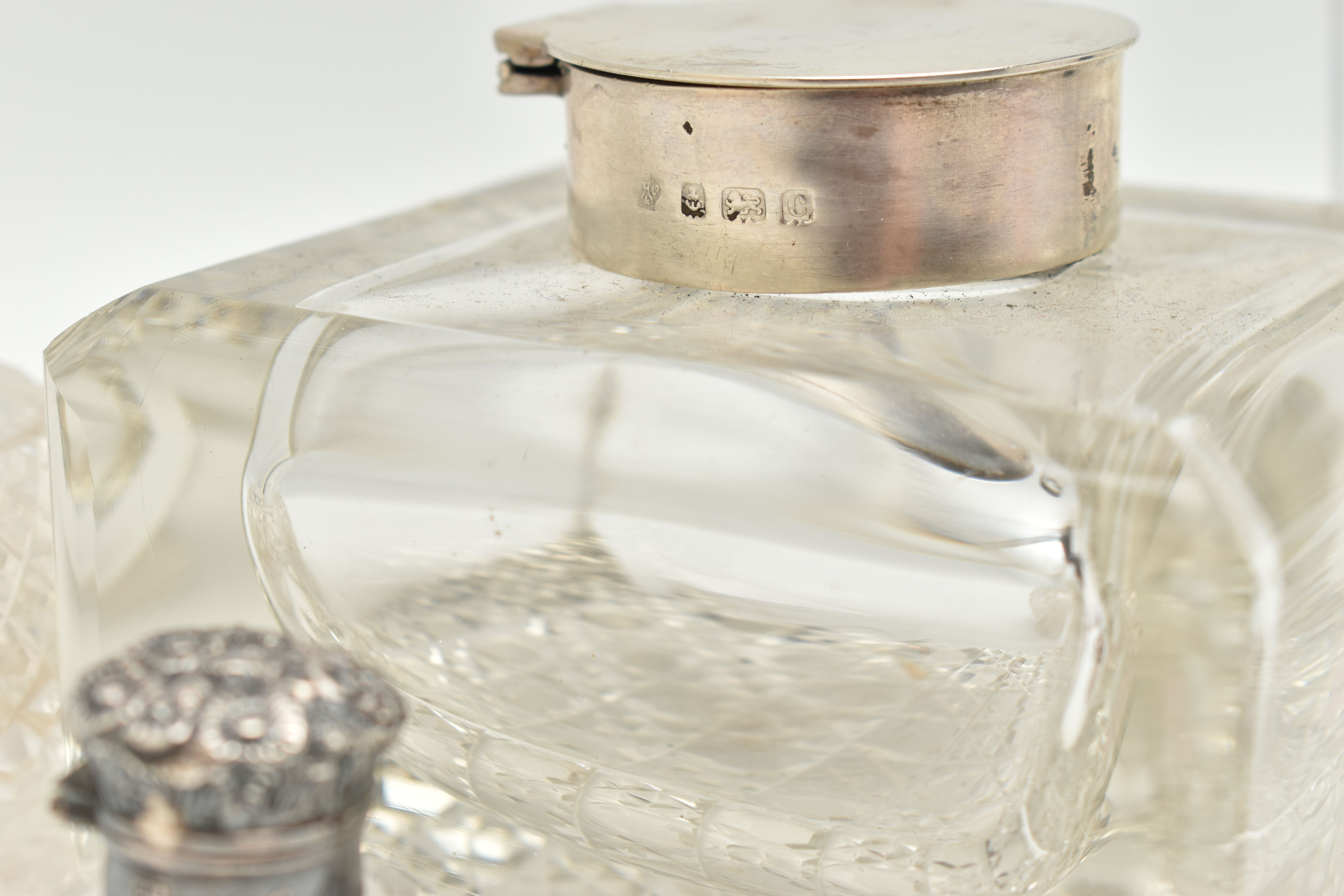 A SMALL ASSORTMENT OF SILVER TOPPED GLASS JARS, to include a silver lidded inkwell, hallmarked ' - Image 3 of 6