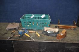 A TRAY CONTAINING VINTAGE TOOLS AND HARDWARE including a Kelson wooden coffin plane, a Record No 1