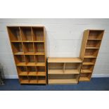 THREE MODERN BOOKCASES, to include a large bookcase with fifteen sections, width 92cm x depth 30cm x