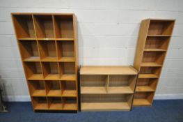 THREE MODERN BOOKCASES, to include a large bookcase with fifteen sections, width 92cm x depth 30cm x