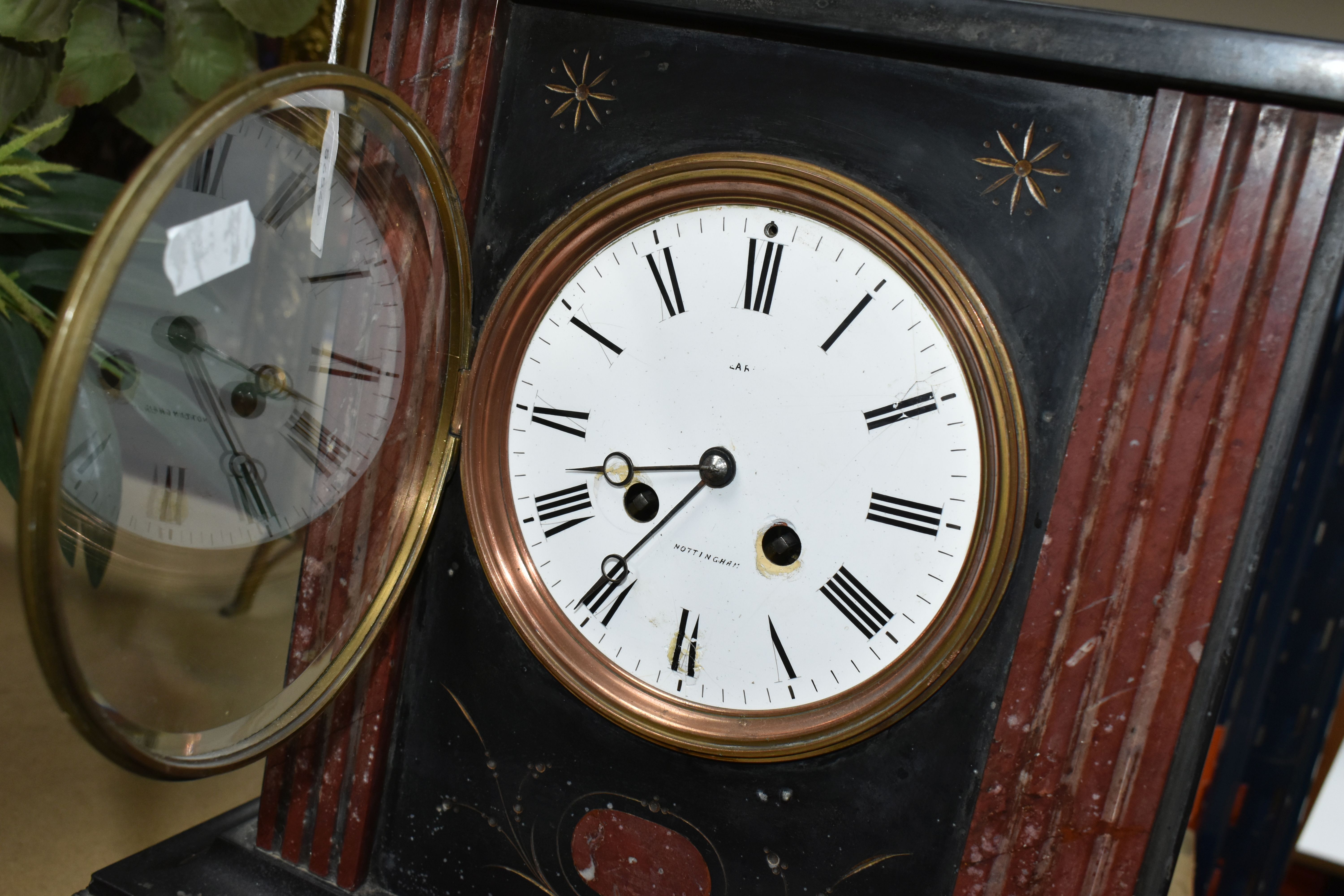 A VICTORIAN BLACK SLATE MANTLE CLOCK, inset with red marble accents, the enamel dial marked - Image 2 of 6