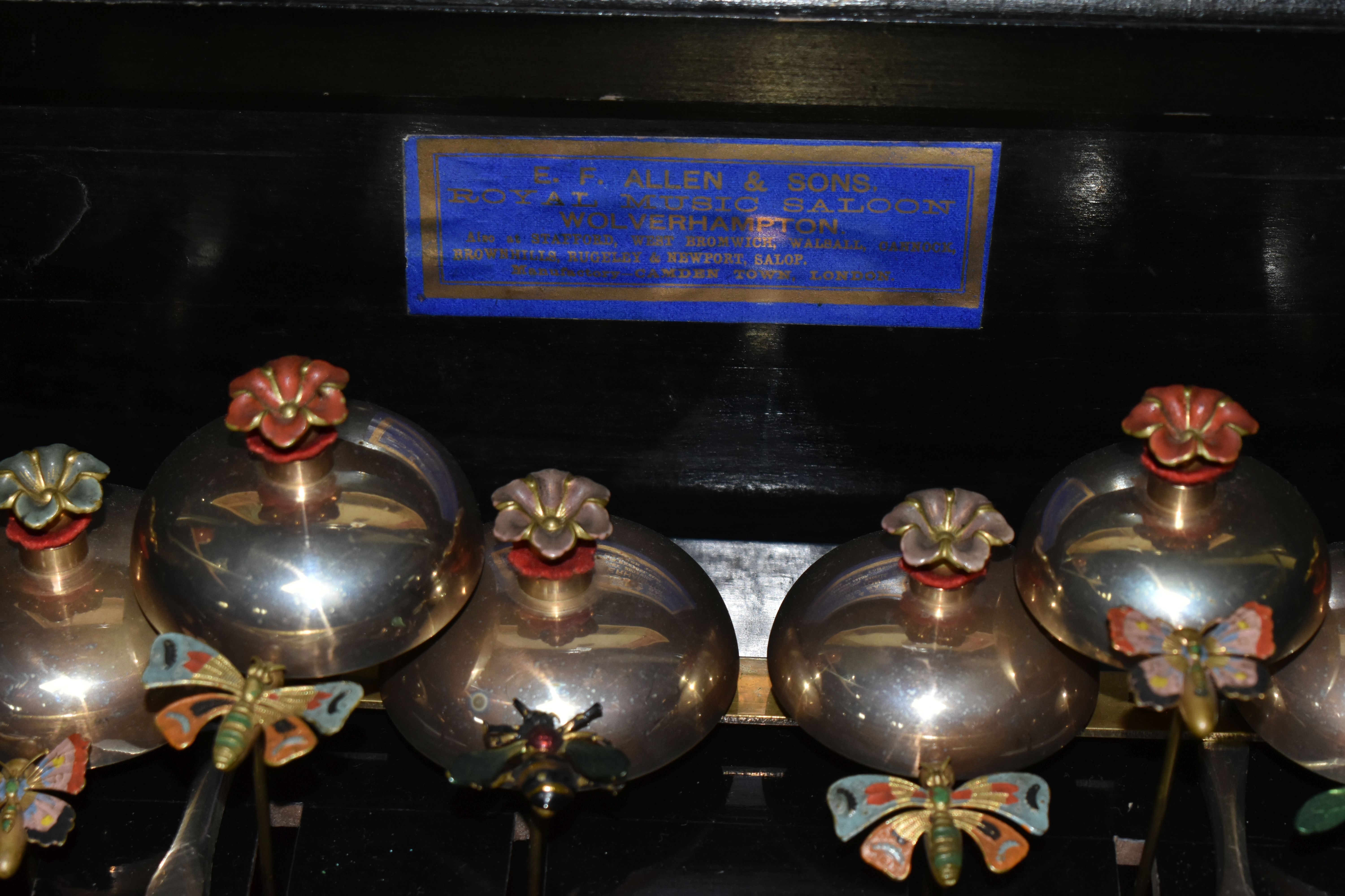 A BELLS IN SIGHT CYLINDER MUSIC BOX, in an ebonized burr wood veneered case, with painted polychrome - Image 7 of 15