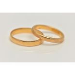 TWO 22CT GOLD BAND RINGS, the first a plain polished band ring, approximate width 2.5mm x depth 1.