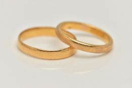TWO 22CT GOLD BAND RINGS, the first a plain polished band ring, approximate width 2.5mm x depth 1.