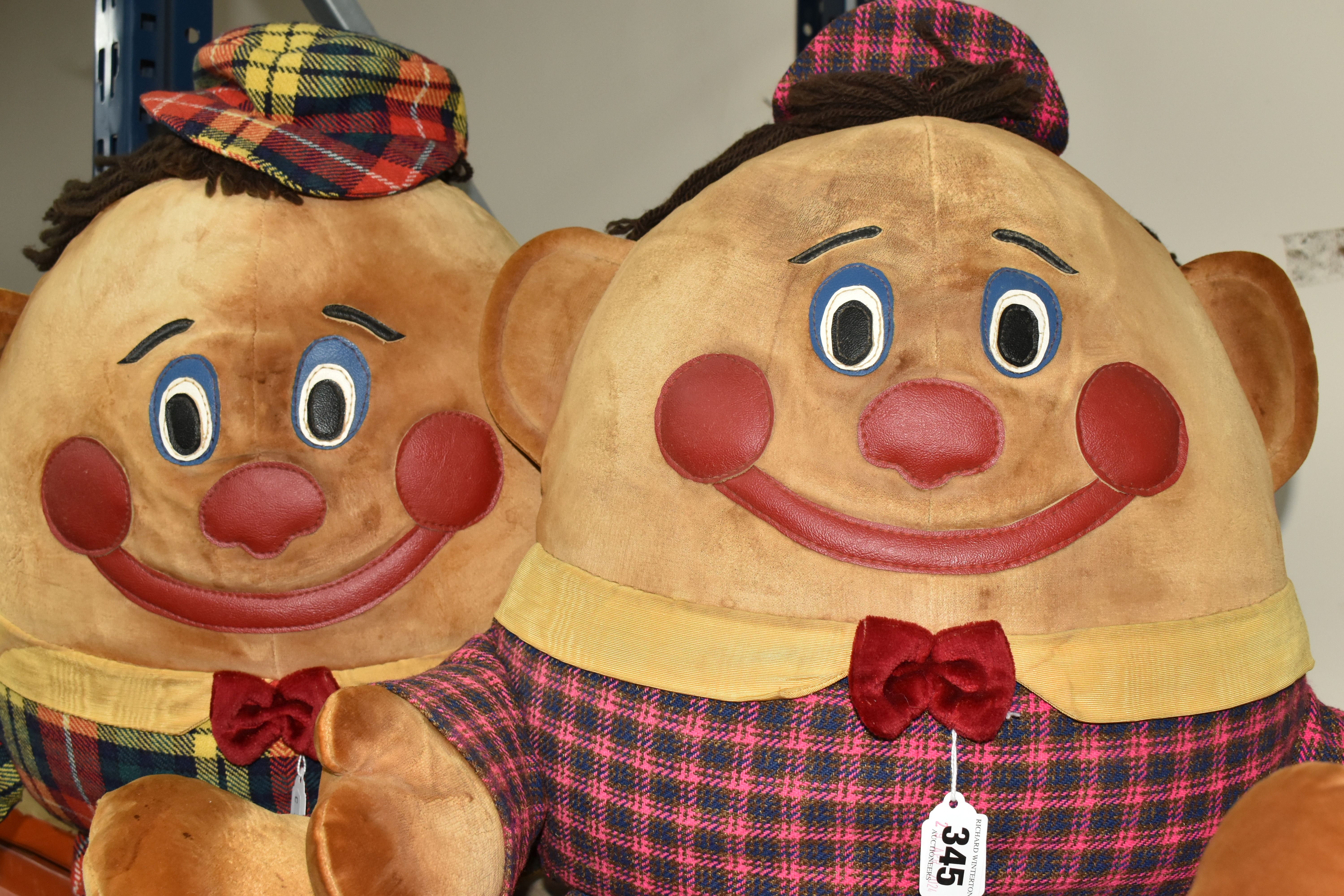 TWO LARGE MID-CENTURY 'HUMPTY-DUMPTY' SOFT TOYS, both wearing checked trousers, caps and red
